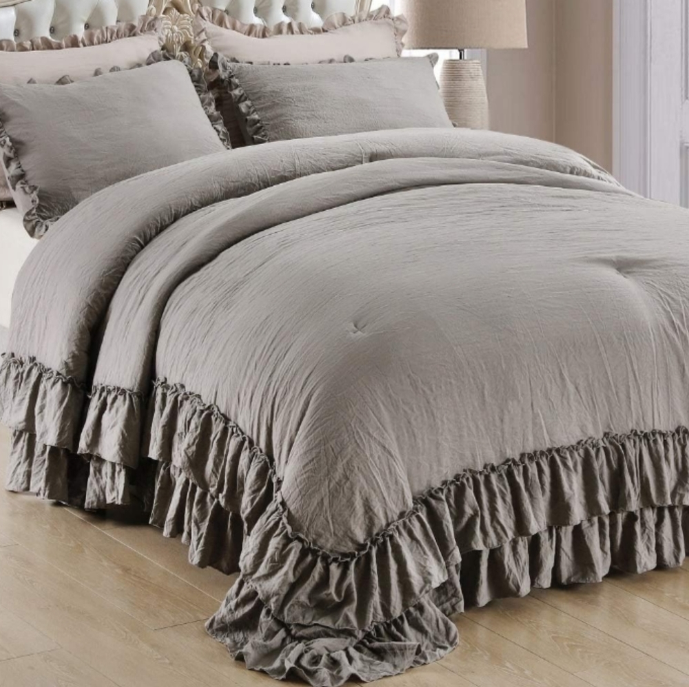Queen Size Bed Comforter Set Gray Neutral Stone Washed Shabby Chic Ruffle Grey